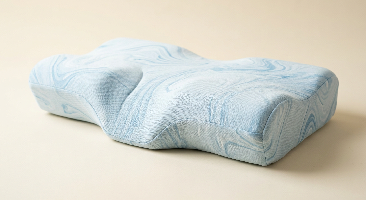 The Derila Ergo Classic pillow with a marbled glacier-blue cooling cover